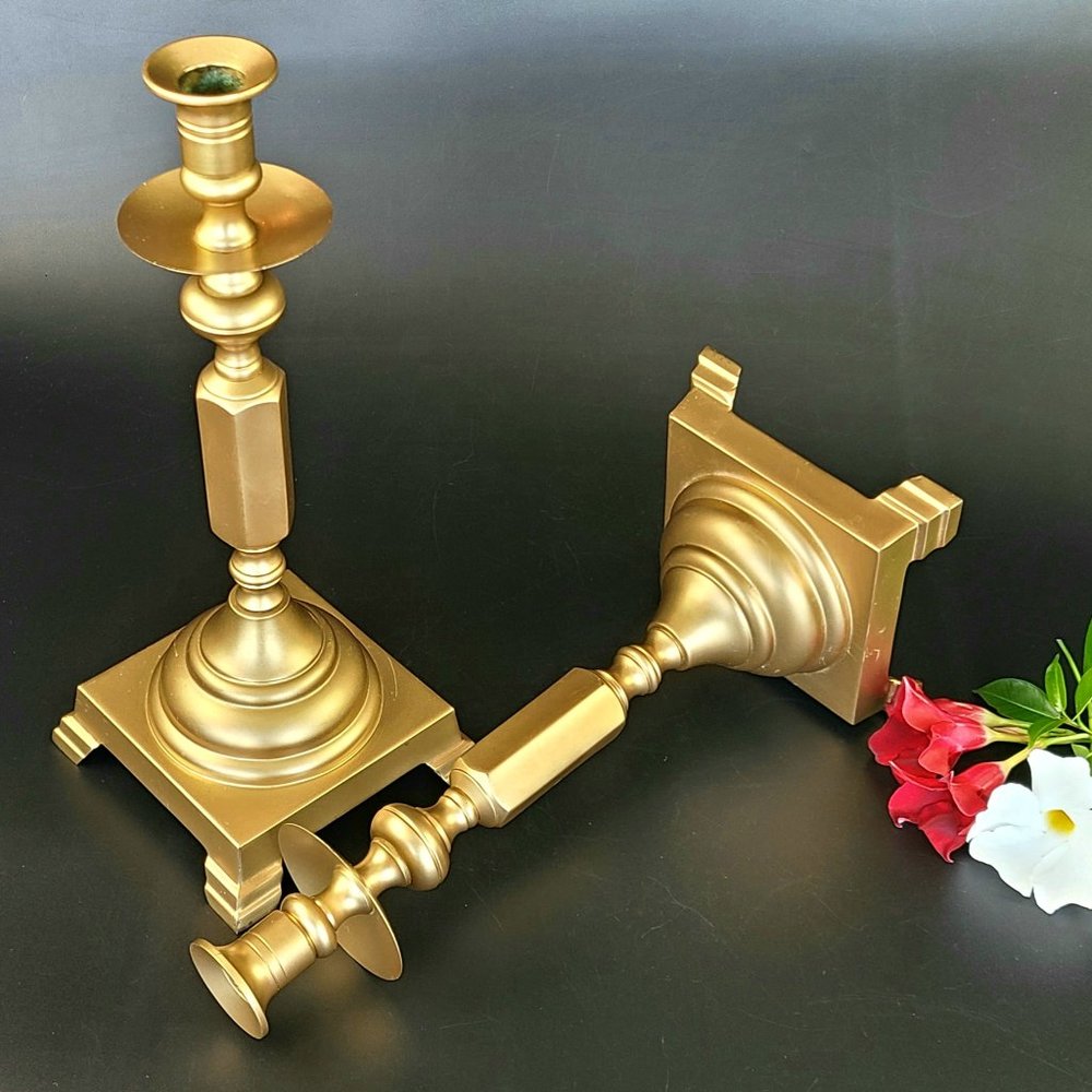 Vintage Candlestick Holders - 13 1/4" Tall * 4.5"*4.5" Base - Solid Brass - Pair - Picture 9 of 10